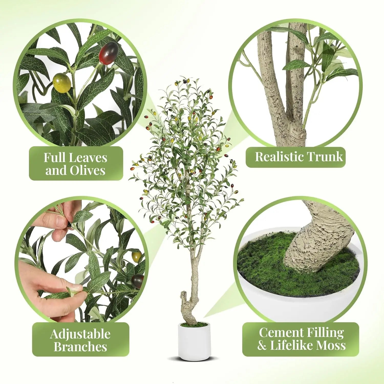 5-7 ft Tall Realistic Faux Indoor/Outdoor Olive Tree with White Planter & Fruits